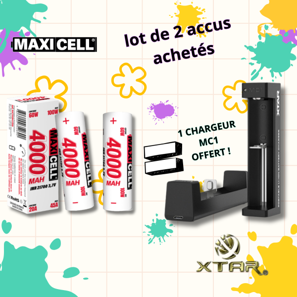 Pack 2 Accus 4000 mAh 21700 MAXICELL + Chargeur MC1 XTAR