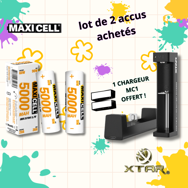 Pack 2 Accus 5000 mAh 21700 MAXICELL + Chargeur MC1 XTAR