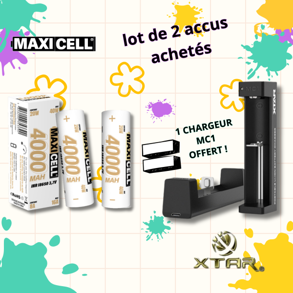 Pack 2 Accus 4000 mAh 18650 MAXICELL + Chargeur MC1 XTAR