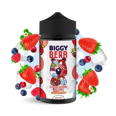 Flacon e-liquide Biggy Bear Fruits Rouges Givrés entouré de fraises et myrtilles fraîches