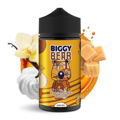 Biggy Bear e-liquid bottle: Creamy Vanilla Caramel flavor, 200ml, with vanilla and caramel visuals Biggy Bear e-liquid bottle: Creamy Vanilla Caramel flavor, 200ml, with vanilla and caramel visuals