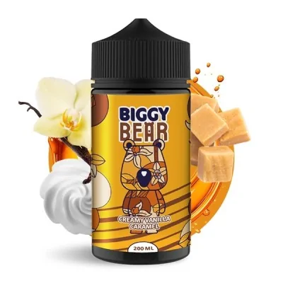 Biggy Bear e-liquid bottle: Creamy Vanilla Caramel flavor, 200ml, with vanilla and caramel visuals