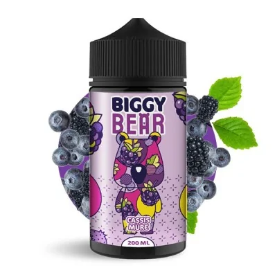 E-liquide Biggy Bear saveur cassis mûre 200ml, flacon noir avec étiquette violette