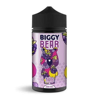 Bouteille e-liquide Biggy Bear saveur cassis mûre 200ml, design violet avec ours stylisé Bouteille e-liquide Biggy Bear saveur cassis mûre 200ml, design violet avec ours stylisé