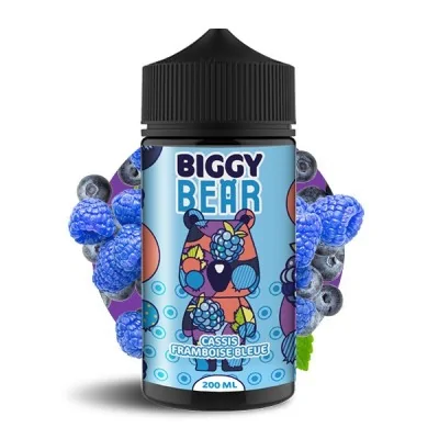 Flacon e-liquide Biggy Bear saveur cassis framboise bleue 200ml avec illustration colorée