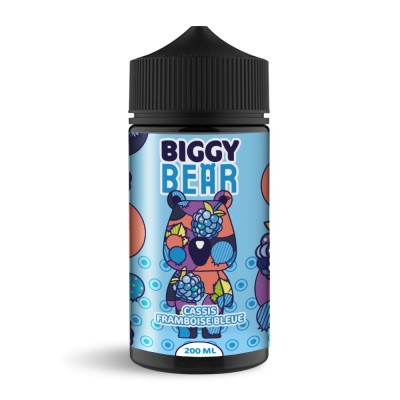 Bouteille e-liquide Biggy Bear 200ml Cassis Framboise Bleue, design coloré avec ours Bouteille e-liquide Biggy Bear 200ml Cassis Framboise Bleue, design coloré avec ours