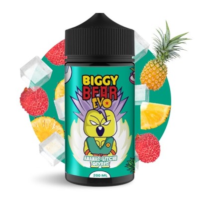 Bouteille Biggy Bear EVO e-liquide ananas litchi givré, fruits et glaçons en arrière-plan Bouteille Biggy Bear EVO e-liquide ananas litchi givré, fruits et glaçons en arrière-plan