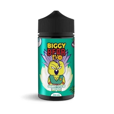 E-liquide Biggy Bear EVO saveur Ananas Litchi Givrés 200ml, flacon avec logo coloré