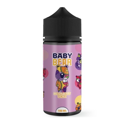 E-liquide Baby Bear Melon Berry Lychee 100ml, bouteille noire avec étiquette rose et ours E-liquide Baby Bear Melon Berry Lychee 100ml, bouteille noire avec étiquette rose et ours