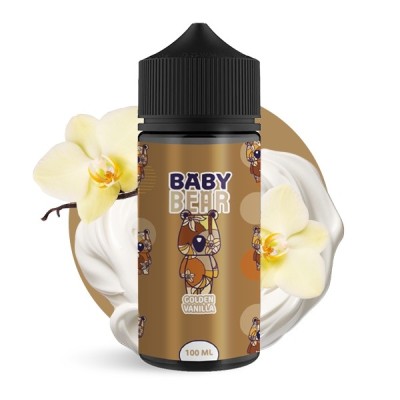 Baby Bear e-liquid bottle 100ml Golden Vanilla flavor with orchid and cream background Baby Bear e-liquid bottle 100ml Golden Vanilla flavor with orchid and cream background