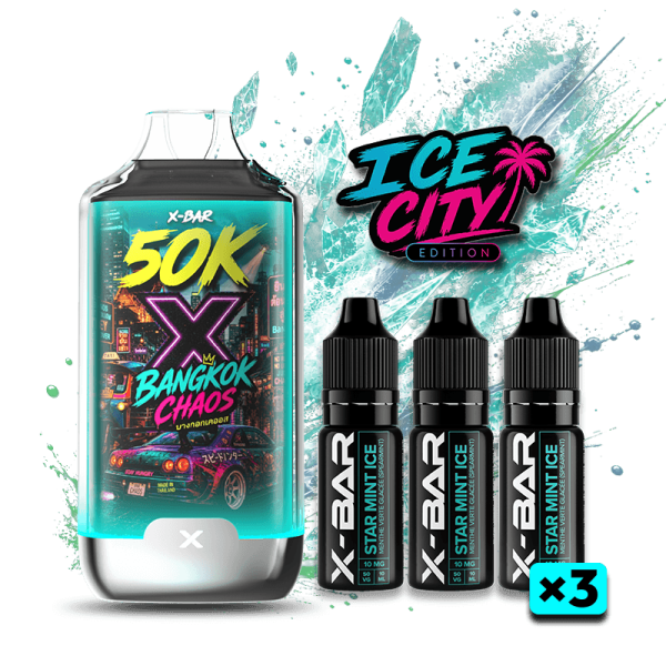 Kit X-BAR 50K Ice City Bangkok Chaos + 3 e-liquides 10 ml