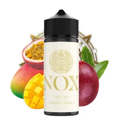 Flacon e-liquide NOX Tulùm saveur mangue passion avec fruits tropicaux en arrière-plan