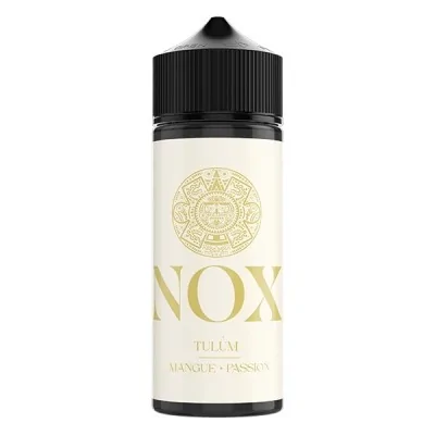 Bouteille d'e-liquide NOX Tulùm saveur mangue passion 50ml avec logo aztèque doré