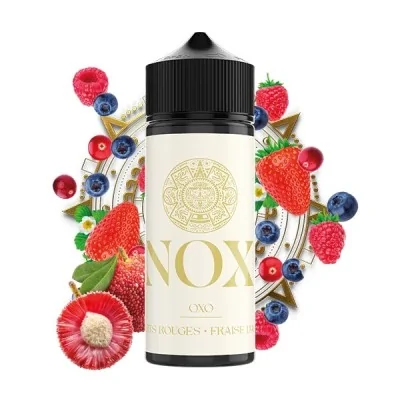 Flacon e-liquide NOX entouré de fruits rouges, fraises, myrtilles et un symbole aztèque