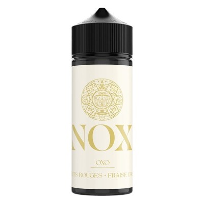 Flacon e-liquide NOX Oxo 50ml avec logo doré sur fond blanc, bouchon noir Flacon e-liquide NOX Oxo 50ml avec logo doré sur fond blanc, bouchon noir