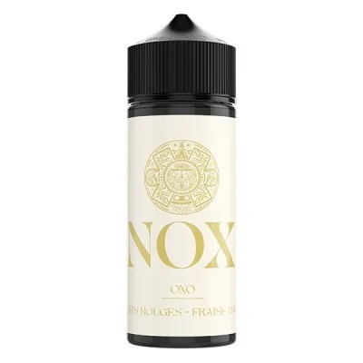 Flacon e-liquide NOX Oxo 50ml avec logo doré sur fond blanc, bouchon noir