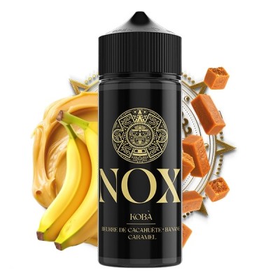 E-liquide NOX Kobà avec bananes, caramel et symbole aztèque sur fond noir E-liquide NOX Kobà avec bananes, caramel et symbole aztèque sur fond noir