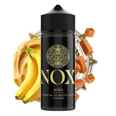 E-liquide NOX Kobà avec bananes, caramel et symbole aztèque sur fond noir