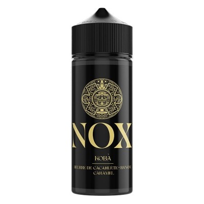 Flacon noir d'e-liquide NOX Kobà avec logo doré aztèque de Secret's Lab Flacon noir d'e-liquide NOX Kobà avec logo doré aztèque de Secret's Lab