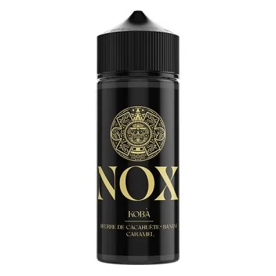 Flacon noir d'e-liquide NOX Kobà avec logo doré aztèque de Secret's Lab