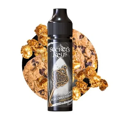 E-liquide Secret's Keys avec cookie et popcorn caramélisé, flacon noir et snacks