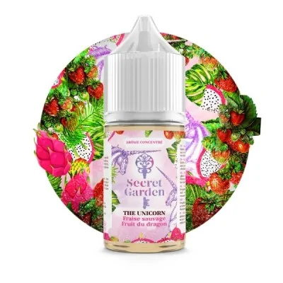 Flacon e-liquide The Unicorn Secret Garden entouré de fruits exotiques et fleurs colorées