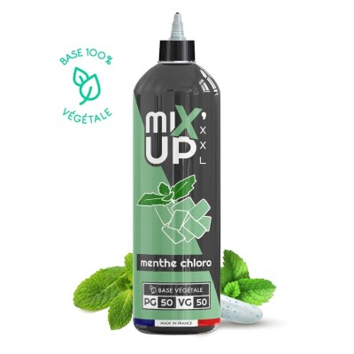 E-liquide Mix'Up XXL Menthe Chlorophylle 1L, flacon noir et vert avec feuilles de menthe