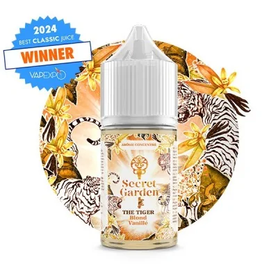 Flacon e-liquide The Tiger Secret Garden, parfum vanille, winner 2024, décor animal exotique