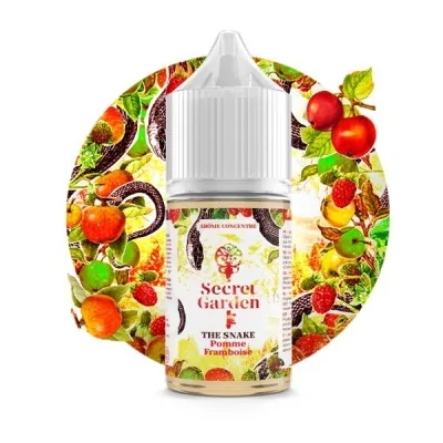 Flacon e-liquide The Snake Secret Garden entouré de fruits colorés, pommes, fraises