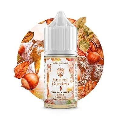 Flacon e-liquide Secret Garden The Panther 30ml, décor automnal avec noisettes et feuilles