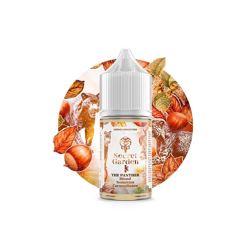 Flacon e-liquide Secret Garden The Panther 30ml, décor automnal avec noisettes et feuilles