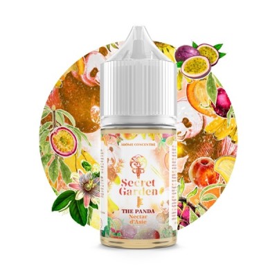 Flacon e-liquide The Panda Secret Garden entouré de fruits exotiques et fleurs colorées Flacon e-liquide The Panda Secret Garden entouré de fruits exotiques et fleurs colorées