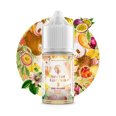 Flacon e-liquide The Panda Secret Garden entouré de fruits exotiques et fleurs colorées