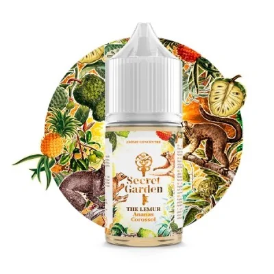 Flacon e-liquide The Lemur Secret Garden entouré de fruits tropicaux et animaux exotiques