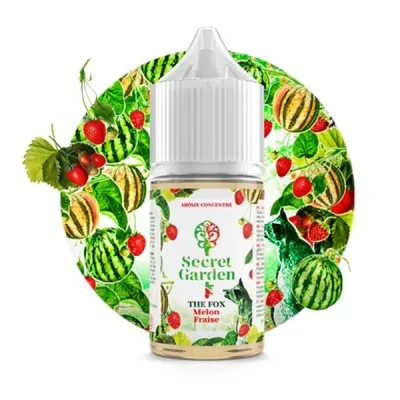 Flacon e-liquide Secret Garden entouré de fruits et feuilles, mélange melon fraise