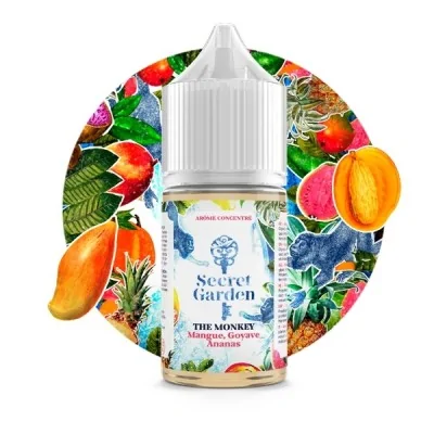 Flacon e-liquide The Monkey Secret Garden entouré de fruits tropicaux colorés