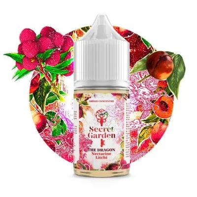 Flacon e-liquide Secret Garden The Dragon entouré de fruits rouges et fleurs exotiques