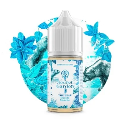 Flacon e-liquide Secret Garden The Bear, menthe glacée, feuilles bleues, design givré