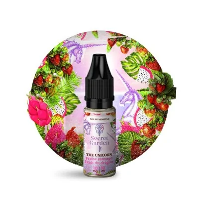 Flacon e-liquide The Unicorn Salt Secret Garden entouré de fruits et fleurs tropicales