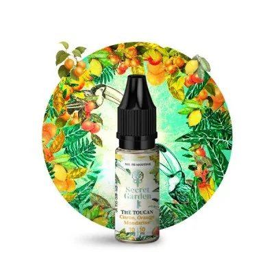 Flacon d'e-liquide The Toucan Salt Secret Garden entouré de fruits et feuilles tropicales