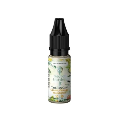 Flacon d'e-liquide The Toucan Salt Secret Garden aux agrumes, design tropical