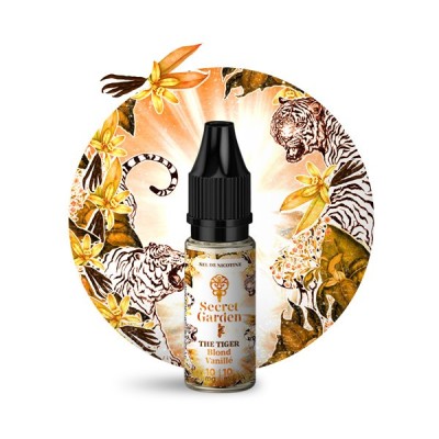 Flacon e-liquide The Tiger Salt entouré d'illustrations exotiques de tigres et fleurs dorées Flacon e-liquide The Tiger Salt entouré d'illustrations exotiques de tigres et fleurs dorées