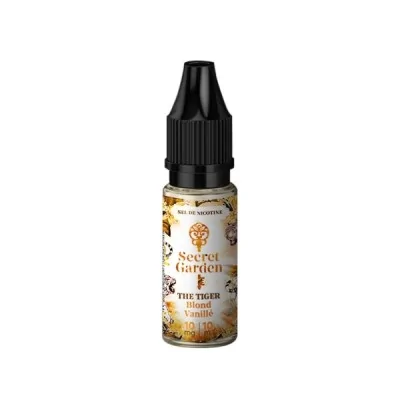 The Tiger Salt 10ml e-liquid bottle by Secret Garden, vanilla flavor, gold and brown design