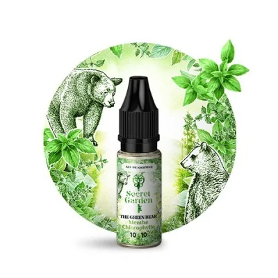 Flacon e-liquide The Green Bear Salt entouré d'ours et feuilles, style botanique vert