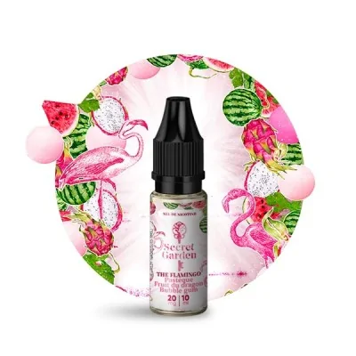 E-liquide The Flamingo Salt 10ml avec design tropical de flamants roses et fruits