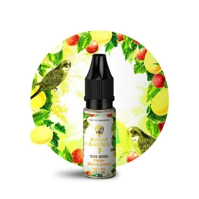 Flacon e-liquide The Bird Salt 10ml Secret Garden entouré de fruits et feuilles avec perroquets