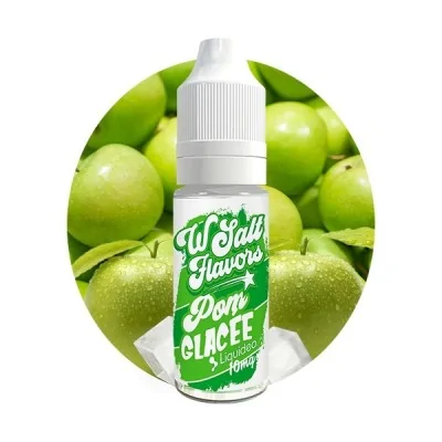 E-liquide Pom Glacée Wsalt Flavors, flacon sur fond de pommes vertes fraîches