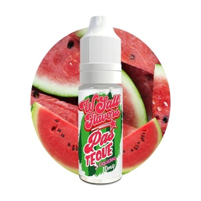 E-liquide Pastèque Wsalt Flavors Liquideo 10ml, flacon blanc sur fond de pastèque fraîche E-liquide Pastèque Wsalt Flavors Liquideo 10ml, flacon blanc sur fond de pastèque fraîche
