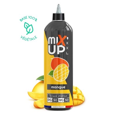 E-liquide Mangue Mix'Up XXL 1L, base 100% végétale, bouteille avec fruits illustrés