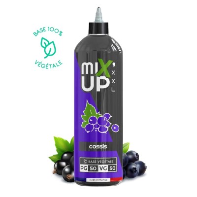 E-liquide Cassis MIX'UP XXL 1L, base 100% végétale, bouteille noire et violette avec fruits
